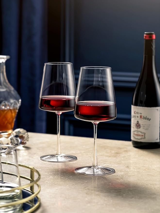 BENETI Wine Glasses Set of 4 | 17oz Handmade Luxury Crystal Red & White Long Stem Glass | Unique Modern Shape, Packaged In Beautiful Gift Box