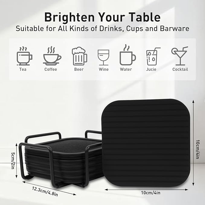 Lexenic Absorbent Coasters with Holder, Silicone Coasters Set of 6 with Removable Felt Insert, Cup Coaster for Drinks, Easy Grip, Tabletop Protection, Home Decor Coaster for Coffee Table,Bar & Kitchen