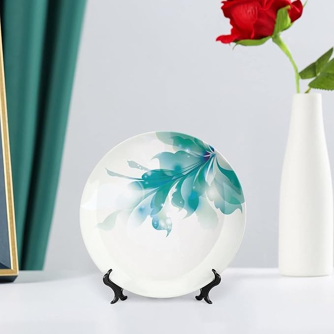 Ceramic Plates, Abstract Decor Decorative Ceramic Plates, Big Single Beautiful Blue Ombre Flowers, 10 Inch, Household Plates Decorative, White Light Blue and Blue
