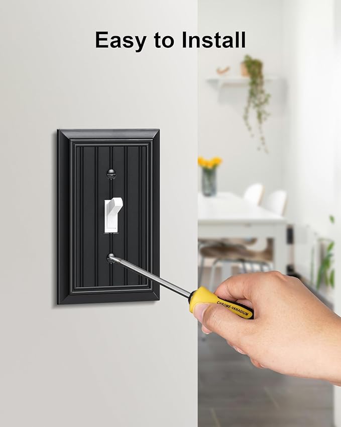 4-Pack Classic Beadboard Classic Beadboard Single Toggle Light Switch Cover Plate, Durable Natural Bamboo Fiber Decorative Switch Plate Covers, Matte Black 1 Gang Wall Plate