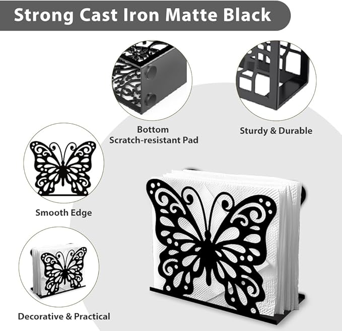Butterfly Decorative Black Metal Napkin Holder for Table, 5.3" x 4.4" x 2" Insect Animal Standing Napkin Holder for Home Kitchen Restaurant Picnic Party Coffee Bar Dining Room