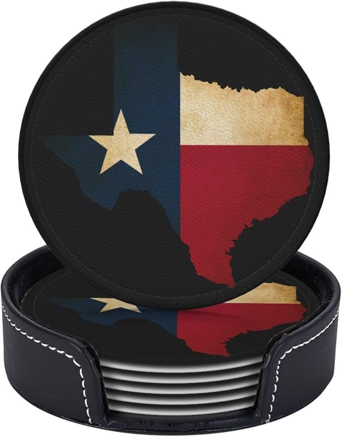 Texas Flag Coasters for Drinks with Holder Round Leather Coasters Set of 6 Cups Mugs Mat Pad for Home Kitchen Bar