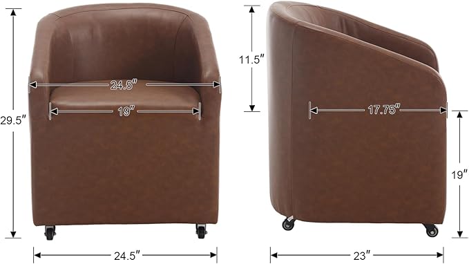 Modern Barrel Dining Chairs with Rolling Casters Set of 4, Upholstered PU Leather Swivel Dining Room Chairs with Wheels for Kitchen Living Room Home Office, Brown