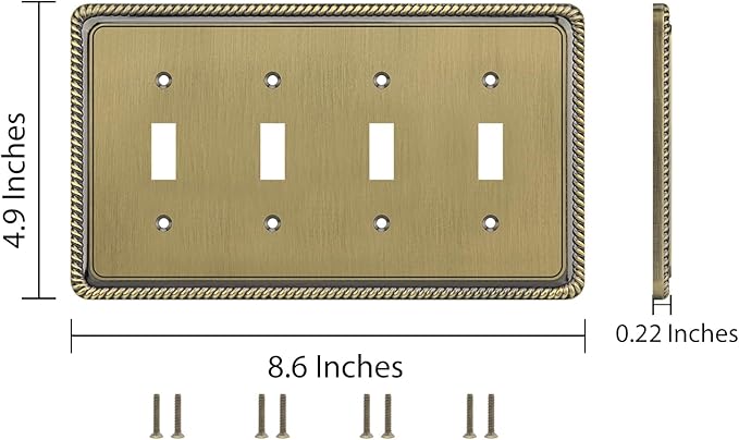 Henne Bery Rope Edge Decorative Wall Plate Switch Plate Outlet Cover (Quad Toggle, Antique Brass)