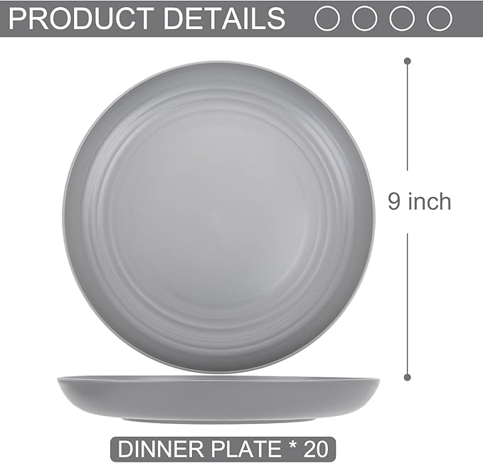 LIYH 20 Pcs Grey Wheat Straw Plastic Plates - 9 Inch Unbreakable Dinner Plate Reusable - Dishwasher & Microwave Safe, Camping Outdoor Plates