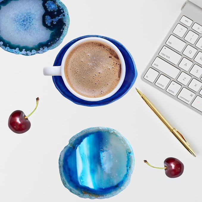 Blue Agate Coasters Set of 4 3-4'',Crystal Geode Stone Coasters with Rubber Bumpers,Agate Slices for for Drink Home Decor, Coffee Table, Bar Accessories,Birthday Gift
