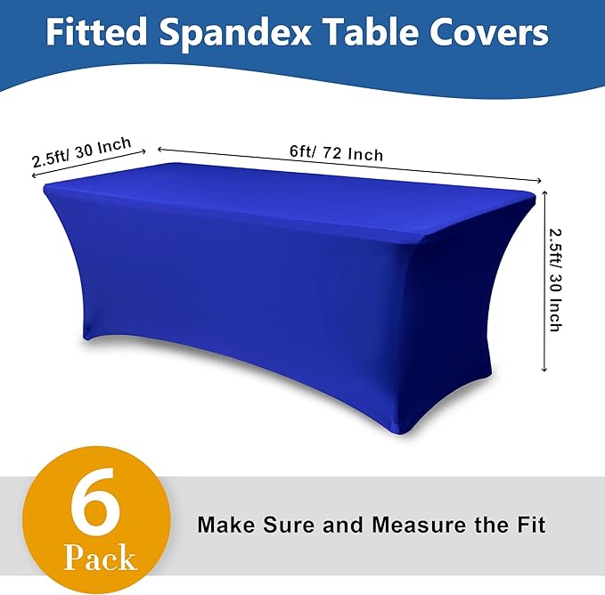 Table Cover for 6 Foot Rectangle Tables-6 Pack Royal Blue Fitted Stretch Tablecloth-Spandex 6ft Folding Tablecloths for Party, Vendor Booth Display, Banquet Buffet Event, Craft Trade Show