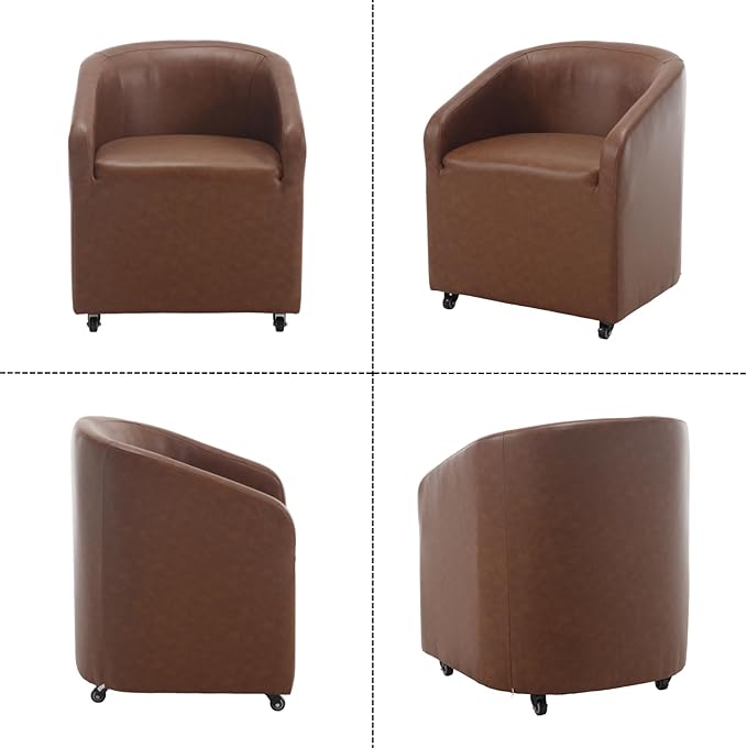 Modern Barrel Dining Chairs with Rolling Casters Set of 4, Upholstered PU Leather Swivel Dining Room Chairs with Wheels for Kitchen Living Room Home Office, Brown