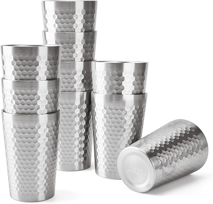 10 Pack 12 oz Stainless Steel Insulated Cup, Honeycomb Double Wall Vacuum Small Metal Cup, Reusable Camping Cups Unbreakable Indoor Outdoor for Party, Home, Office, BBQ, Silver