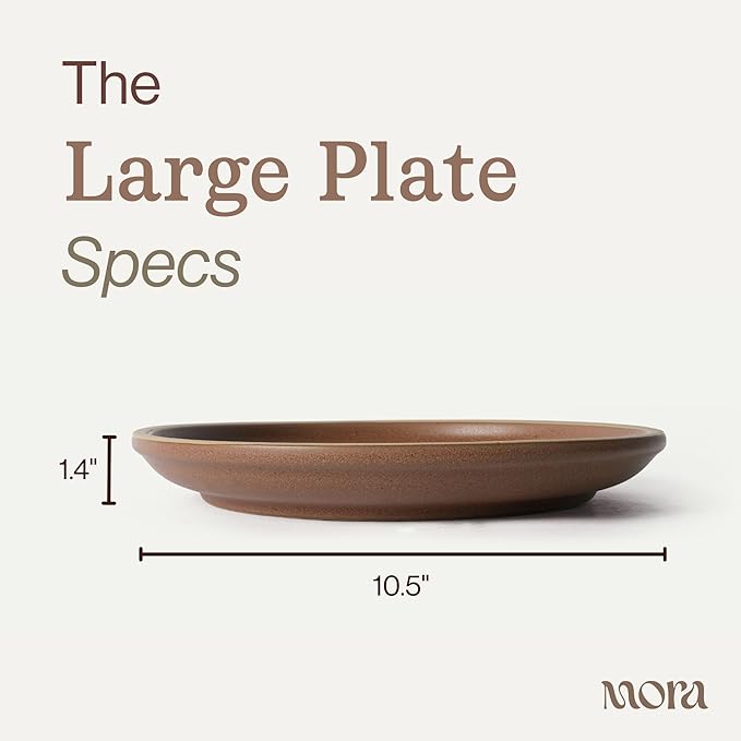 MORA Large Plates Set of 4, 10.5 inch Ceramic Pottery Dinner Plates - Microwave, Oven and Dishwasher Safe - Terracotta