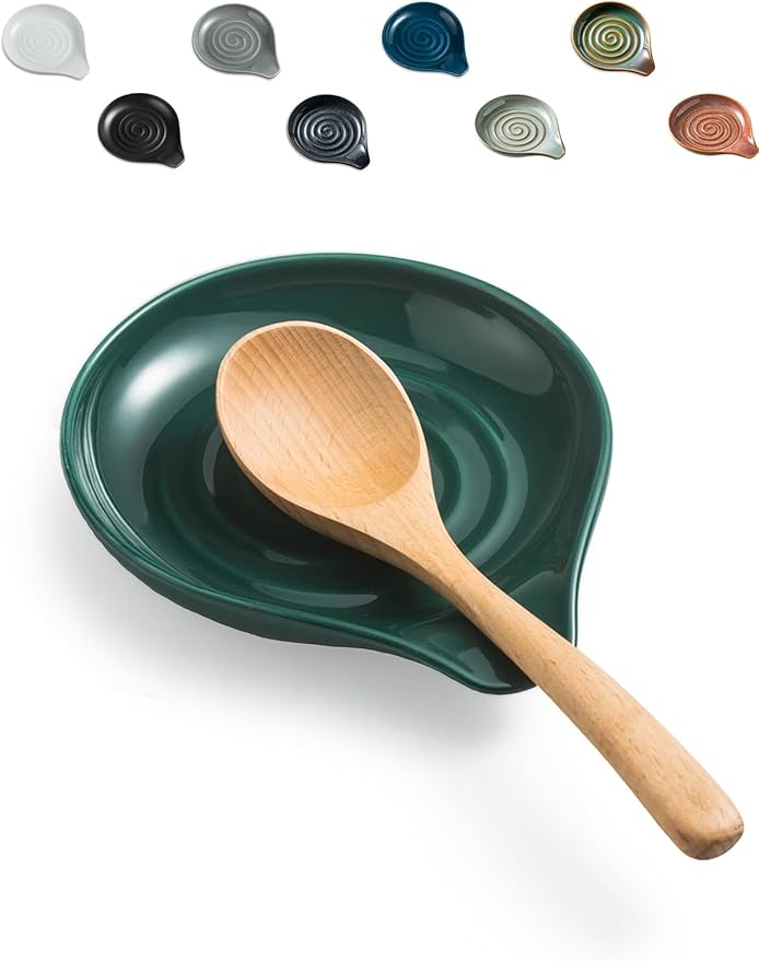 LAUCHUH Spoon Rest for Stove Top, 5 inch Ceramic Cooking Spoon Holder for Kitchen Countertop, Large Utensil Rest for Spatula, Ladle, Spoons or Tongs, Framhouse Decor, Green