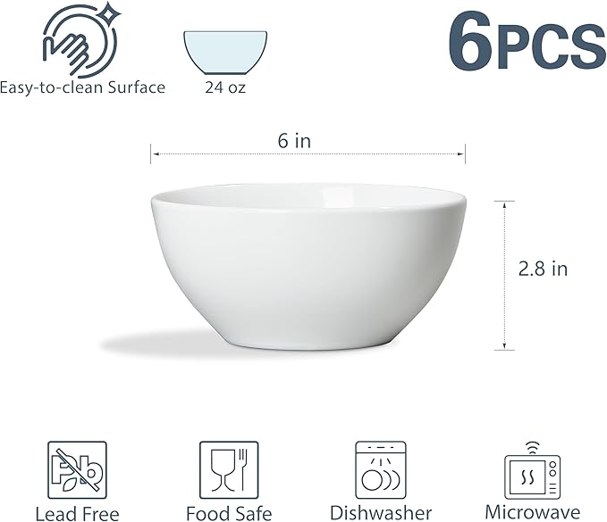 ONEMORE White Ceramic Bowls Set of 6, 24 oz Soup and Cereal Bowl- Microwave & Dishwasher Safe, Porcelain Dinner Bowls, Individual Salad Serving Bowl, Deep Interior, Scratch-Resistance, Stackable