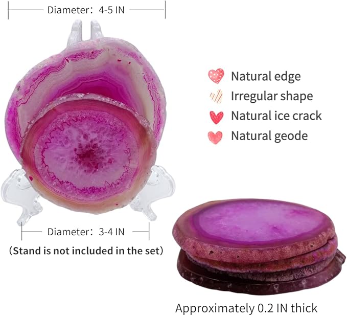 Geode Agate Slice Coasters Dyed Pink 3-4" Set of 4 Crystal Decorations Art Coaster Stone Bar Sets for The Home Drinks