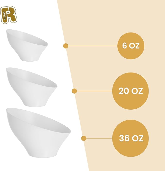 R-kay 6 Pack Angled White Candy Bowls - Plastic bowls 20 Oz - Premium Plastic Serving Bowls Disposable Heavy Duty For Weddings Catering, parties, And All Occasions (White, Medium)