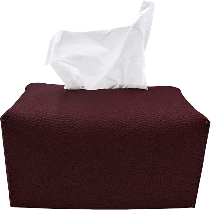 Carrotez Tissue Box Cover, [Refined] Modern PU Leather Rectangular Tissue Box Holder - Decorative Holder/Organizer for Bathroom Vanity Countertop, Night Stands, Office Desk 9.5"X5"X5" - Wine