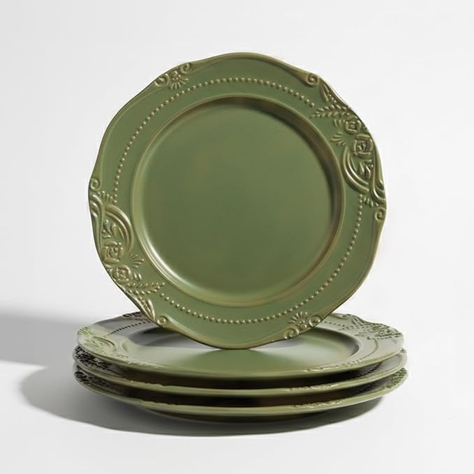 salad plates set of 4, 10.5 inch Reactive Glaze Stoneware Dinner Dish Set for Dessert, Salad, Appetizer, platos de ceramica Dishwasher & Oven Safe, Scratch Resistant-Olive-drab Green