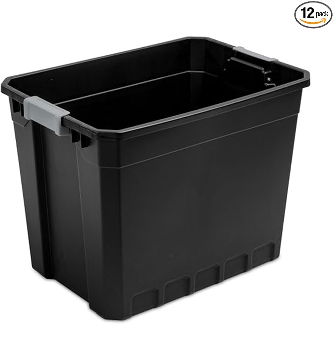 Sterilite 12-Pack Plastic Storage Bins with Lids, Stackable Containers, 27 Gallon, Black