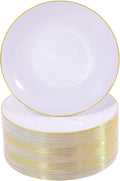 Nervure 100Pieces White with Gold Rim Plastic Plates - 7.5inch Disposable Gold Salad/Dessert Plate - White and Gold Plastic Plates Ideal for Wedding & Party