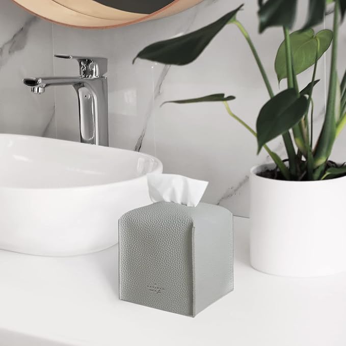 Carrotez Tissue Box Cover, [Refined] Modern PU Leather Square Tissue Box Holder - Decorative Organizer for Bathroom Vanity Countertop, Night Stands, Office Desk & Car 5"X5"X5" - Pastel Grey