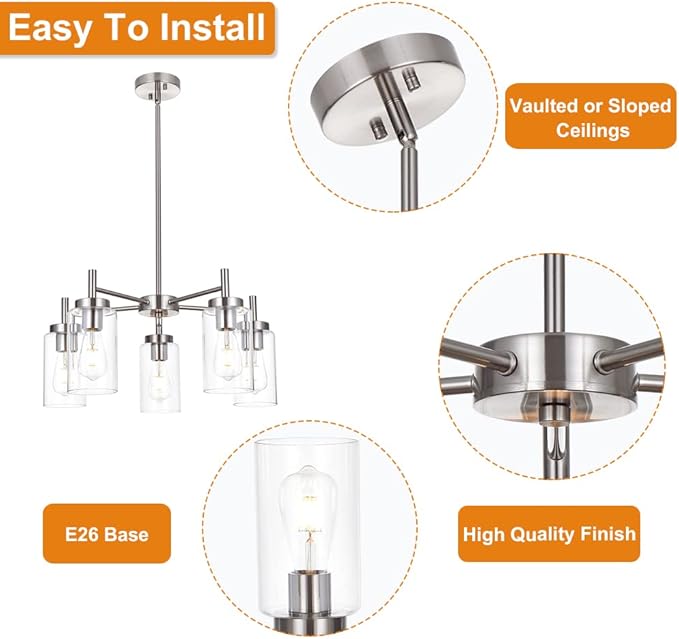 VINLUZ Contemporary 5 Light Large Chandeliers Modern Clear Glass Shades Pendant Lighting Brushed Polished Nickel Dining Room Lighting Fixtures Hanging Adjustable Wire Semi Flush Ceiling Lights