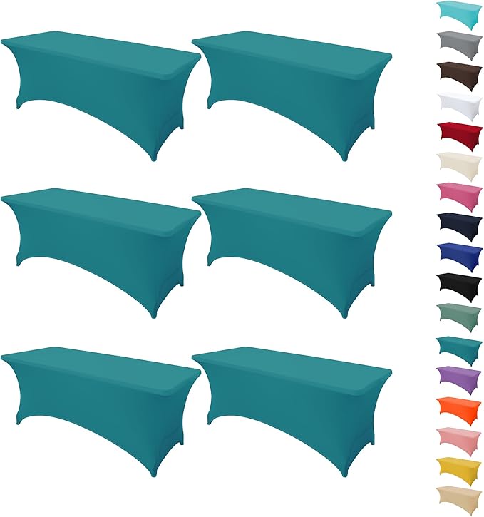 6Pack 8FT Table Cloth for Rectangular Fitted Events Stretch Emerald Green Table Covers Washable Spandex Tablecloth Protector for Party, Wedding, Cocktail, Banquet, Festival