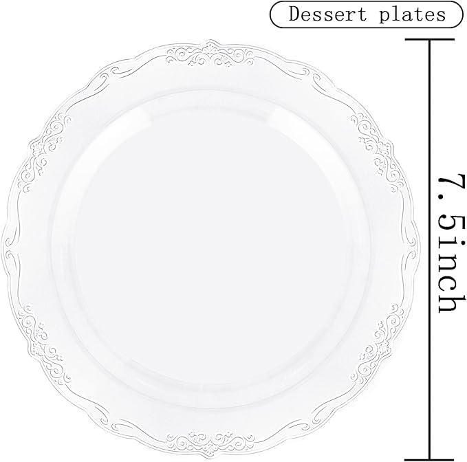 DaYammi 60PCS Clear Plastic Plates Heavy Duty Clear Disposable Plates 7.5” Fancy Dessert Plates Small Cake Plates Appetizer Platos Hard Round Plastic Platos Disposable for Wedding and Party