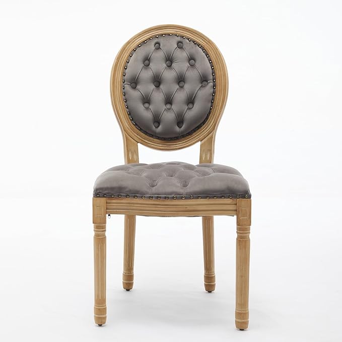 Ball & Cast French Vintage Upholstered Dining Chairs Set of 2, Button Tufted Kitchen Side-Chairs with Carved Antique Wood Frame & Nailhead Trims, 2-Piece Curved Backrest Louis Chair, Velvet Gray