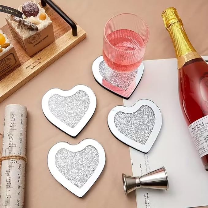 Crushed Diamond Crystal Glass Mirrored Heart Love Coasters Set of 4 Glittering Bling Silver TRENDZY ® Drink Wine Coasters for Home Kitchen Bar & Restaurant Home Decor Birthday Wedding (Heart)