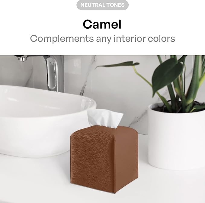 Carrotez Tissue Box Cover, [Refined] Modern PU Leather Square Tissue Box Holder - Decorative Holder/Organizer for Bathroom Vanity Countertop, Night Stands, Office Desk & Car 5"X5"X5" - Camel