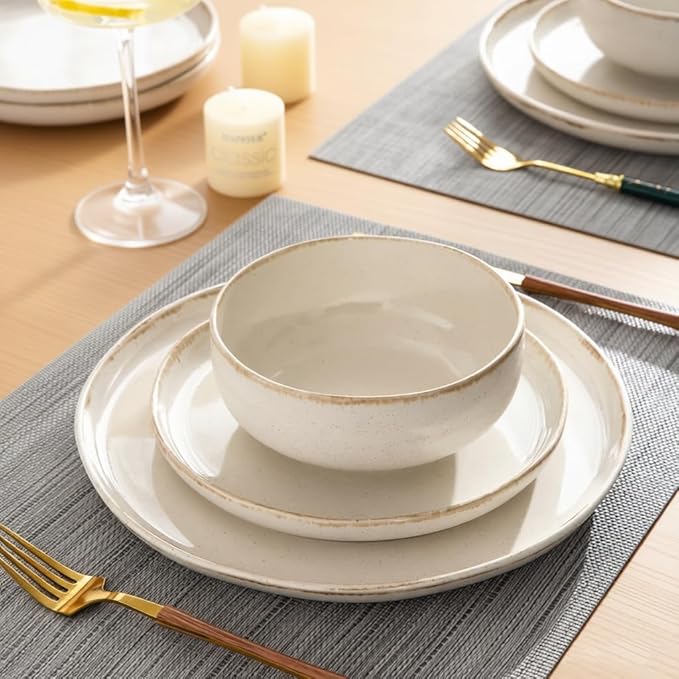 AmorArc Ceramic Dinnerware Sets, Wavy Rim Stoneware Plates and Bowls Sets, Highly Scratch Resistant | Dishwasher & Microwave Dishes set, Service for 6 (18pc)-Speckled Cappuccino