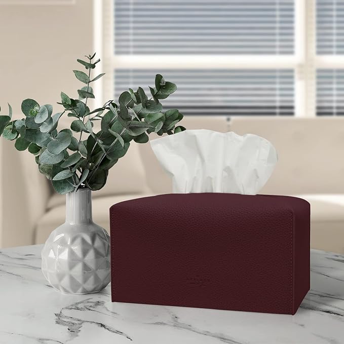 Carrotez Tissue Box Cover, [Refined] Modern PU Leather Rectangular Tissue Box Holder - Decorative Holder/Organizer for Bathroom Vanity Countertop, Night Stands, Office Desk 9.5"X5"X5" - Wine