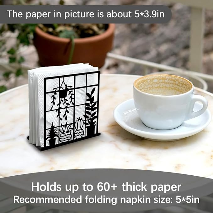 Potted Plant Decorative Black Metal Napkin Holder for Table, 4.9"x5.3"x1.9" Window Sill Hanging Basket Standing Napkin Holder for Home Kitchen Restaurant Picnic Party Coffee Bar Dining Room