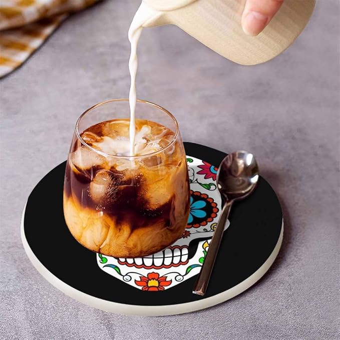 Sugar Skull Round Coaster for Home Coffee Table Human Head Mexican Spooky Skeleton Horror Bone Death Farmhouse Drink Coasters 100% Diatomite 4''X 4''X 0.35'' Printed Pattern