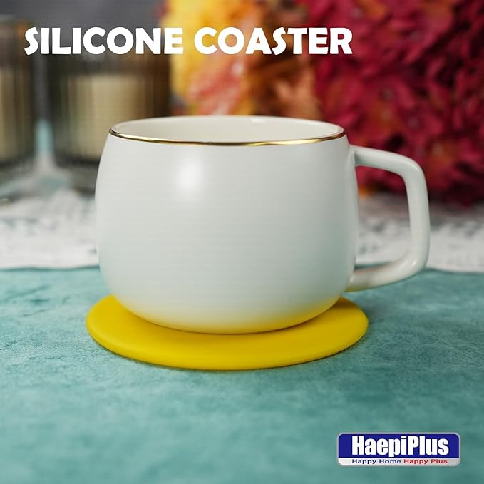 6 Pieces Silicone Coasters, Round Shape Hot Cup Mat for Drinks, Heat Resistant Glass Cushion, Coffee Coaster for Table, Desk, Kitchen, Office, Bar Protection (Yellow)