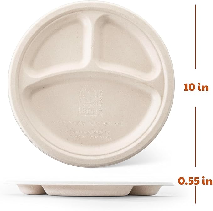 Compostable 3-Compartment Paper Plates, 125 Count, 10 Inch, Heavy Duty Disposable Divided Lunch Trays, Biodegradable Bagasse Sectional Plates for Buffet, Parties, Events & Daily Use, (Nature)