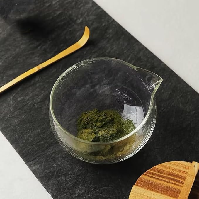 Handmade Japanese Style Matcha Green Tea Ceremony Bowl, Textured Glass, 13.5 oz, With Pouring Spout (Glass+Bamboo)