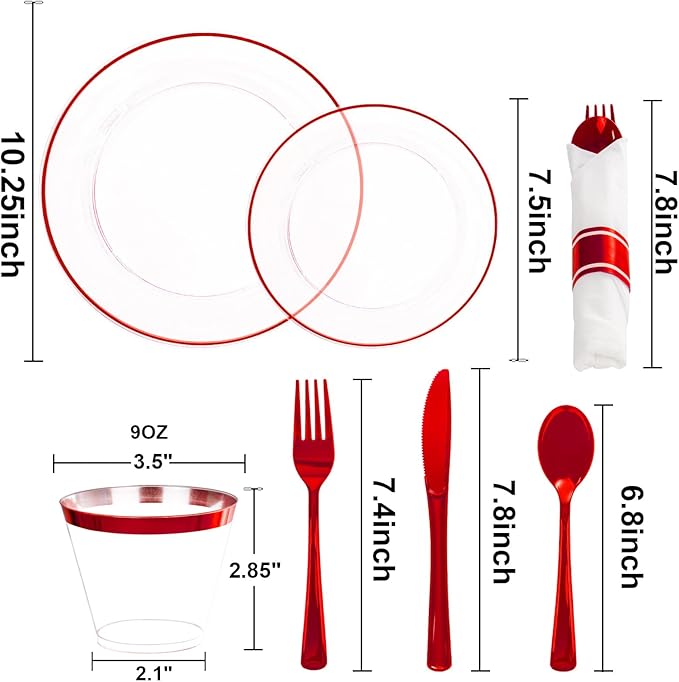 SUT 350 Pcs Red and Clear Plastic Dinnerware Set for 50 Guests, Include: 50 Dinner Plates, 50 Dessert Plates, 50 Pre Rolled Napkins With Silverware, 50 Cups, Disposable Plates for Party