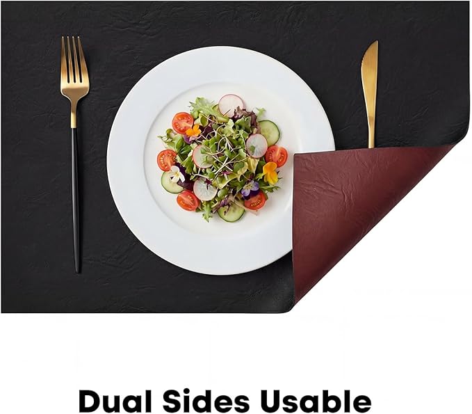 Artoid Mode Black Faux Leather Placemats Set of 4, 12x18 Inch Waterproof Wipeable Heat Resistant Vinyl Place Mats, Reversible Table Mats for Kitchen Dining Decor