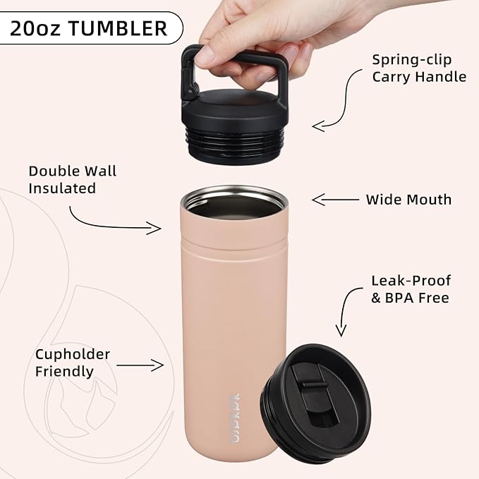 BJPKPK Insulated Water Bottle with 2 Lids,20 oz Double Wall Stainless Steel Vacuum Tumbler Travel Coffee Mug,Wide Mouth Thermal Cup,Peach