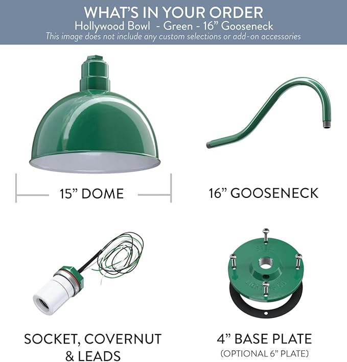 Steel Lighting Co. Hollywood Bowl Light | Outdoor Wall Mounted | 15 inch Bowl Dome | 16 inch Gooseneck | Barn Light Made in America | Green Exterior/White Interior