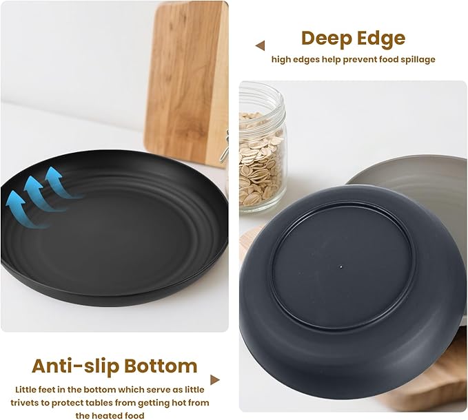 Wheat Straw Plates 9 Inch, Unbreakable Plastic Plates Reusable, Dinner Plates Set of 8, Lightweight Kitchen Plate, Dishwasher & Microwave Safe Plate for Outdoor, Camping, Picnic(Black, Grey)