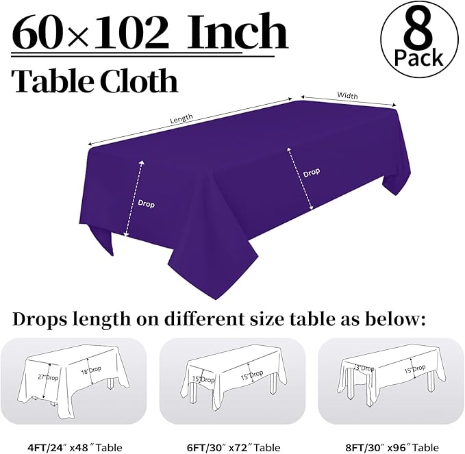 8 Pack Purple Tablecloth 60 x 102 Inch Rectangular Table Cloth for 6 Foot Rectangle Tables, Wrinkle Resistant Washable Rectangle Fabric Table Covers for Wedding Party Banquet Buffet and Camping