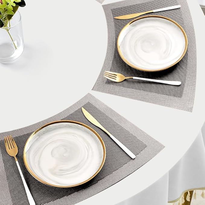 Wedge Shape Placemats for Round Dinner Table Woven Vinyl Wipe Clean Non Slip Plastic Table Mats Set of 4（Grey）