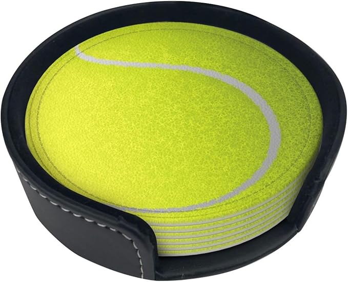 Tennis Ball Coasters for Drinks with Holder Round Leather Coasters Set of 6 Cups Mugs Mat Pad for Home Kitchen Bar