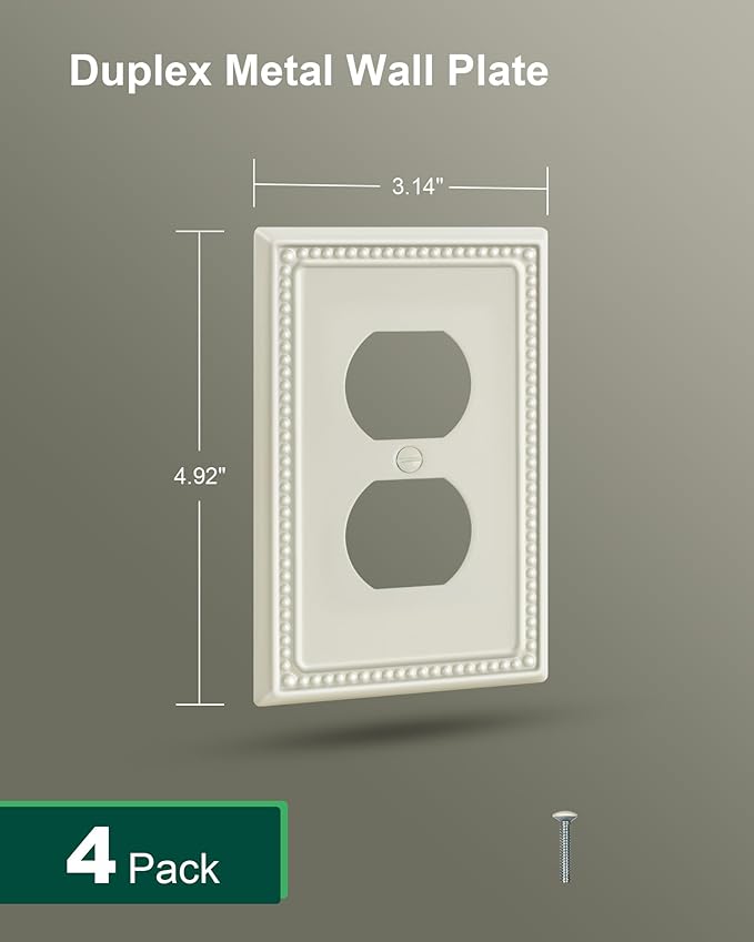 4-Pack Duplex Outlet Cover Plate, Light Almond Metal Wall Plates for Electrical Outlets, 1 Gang Receptacle Light Switch Cover, Pearls Decorative Switch Plates and Outlet Covers