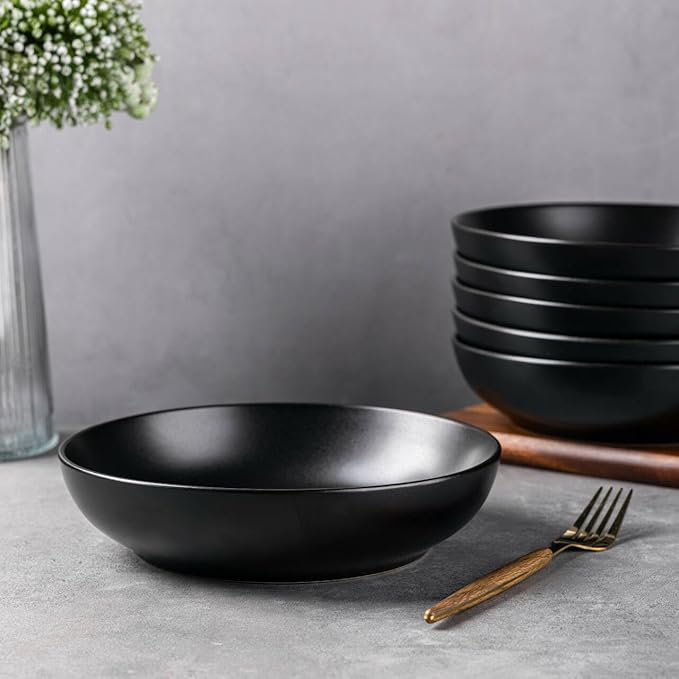 AmorArc 8.5 Inch Stoneware Pasta Bowls, 32oz Large Bowls Set of 6 for Kitchen, Wide Bowls for Pasta,Salad,Oatmeal, Microwave&Dishwasher Safe, Matte Black