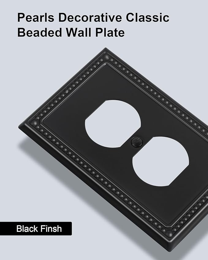 2-Pack Duplex Outlet Cover, Black Metal Wall Plates for Electrical Outlets, 1 Gang Receptacle Light Switch Cover, Pearls Beaded Decorative Switch Plates and Outlet Covers