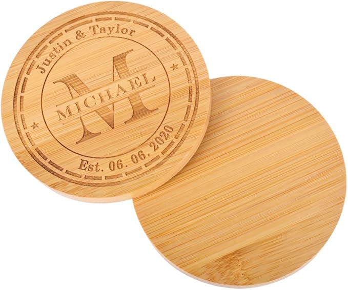 Personalized Coasters, Custom Engraved Coasters, Bamboo Coasters for Drinks, Monogram Coasters with Holder, Great Gifts for Relatives, Friends or Yourself (M, Set of 4)