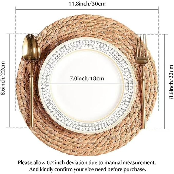 6Pcs 12" Round Woven Rattan Placemats,Natural Hand-Woven Water Hyacinth Placemats,Farmhouse Weave Place Mats,Rustic Braided Wicker Table Mats (12inch Set of 6)