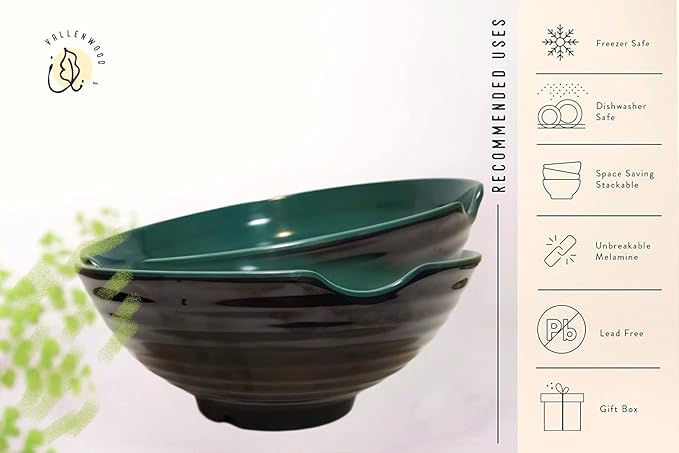 4 XL Ramen bowl set, 12 Pieces Pho Bowls Set, Asian Japanese soup with Spoons and Chopsticks. Restaurant Quality Melamine, 52 oz for Noodles, Udon, Thai, Chinese dinnerware (Green Black, 9 inch x4)